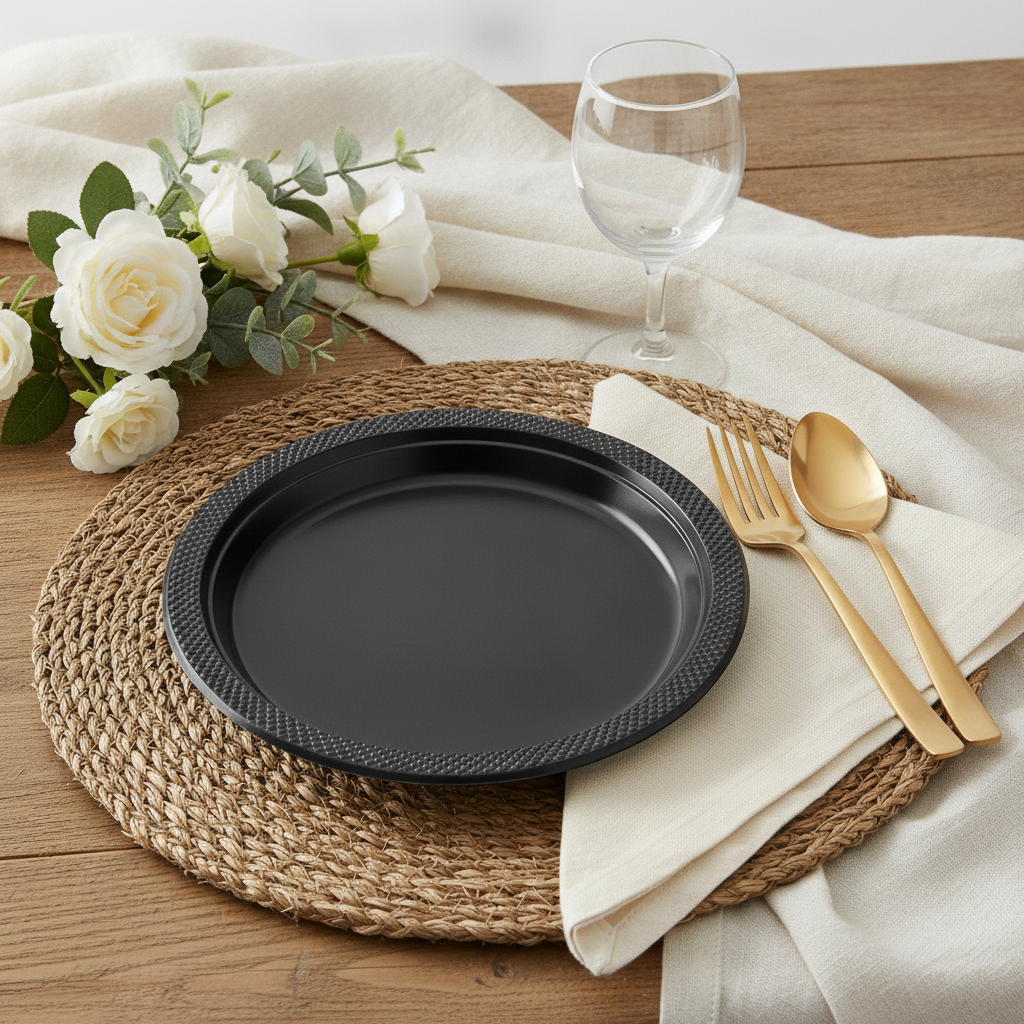 Black disposable plates overhead modern place setting with gold cutlery and white roses
