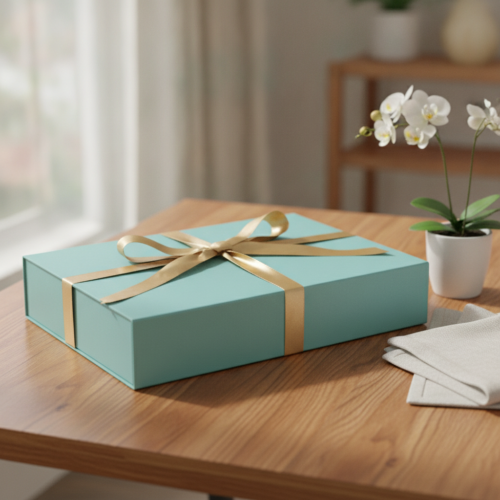 Teal blue magnetic gift box with gold ribbon bow on wood with white orchid