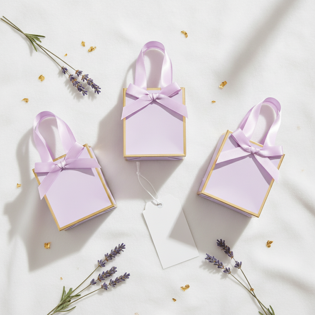 Overhead flat-lay of lavender gold-foil mini gift bags with lavender sprigs