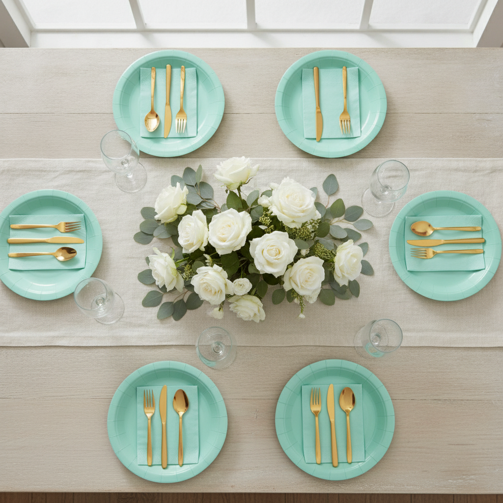 Overhead garden party tablescape with mint green paper plates napkins gold flatware and white roses