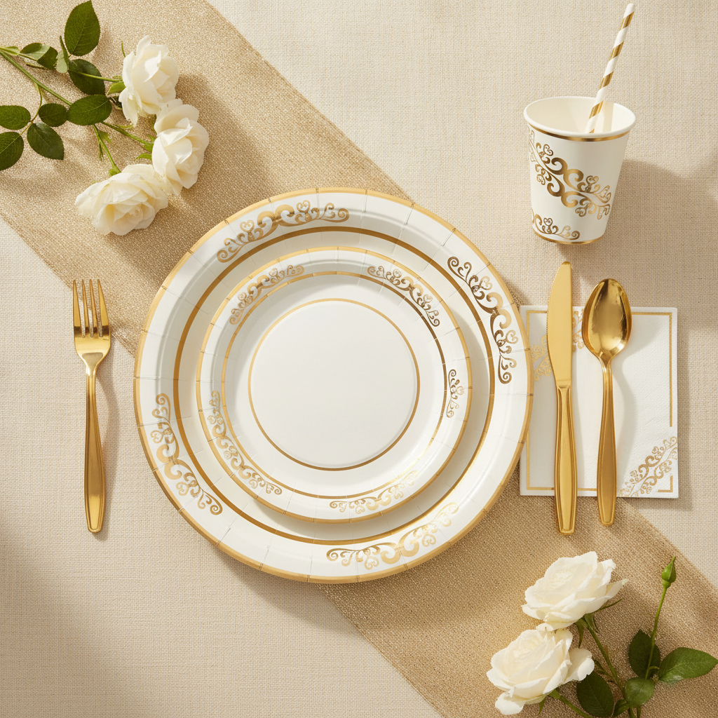 Gold-foil paper plates and gold cutlery in an elegant flat-lay party place setting