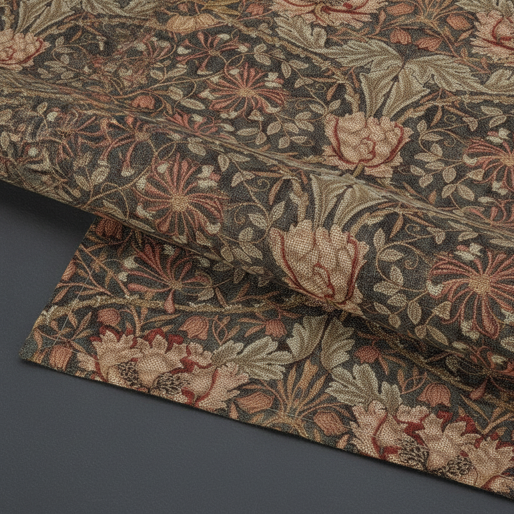 Close-up of the woven linen texture and terracotta and sage honeysuckle floral pattern