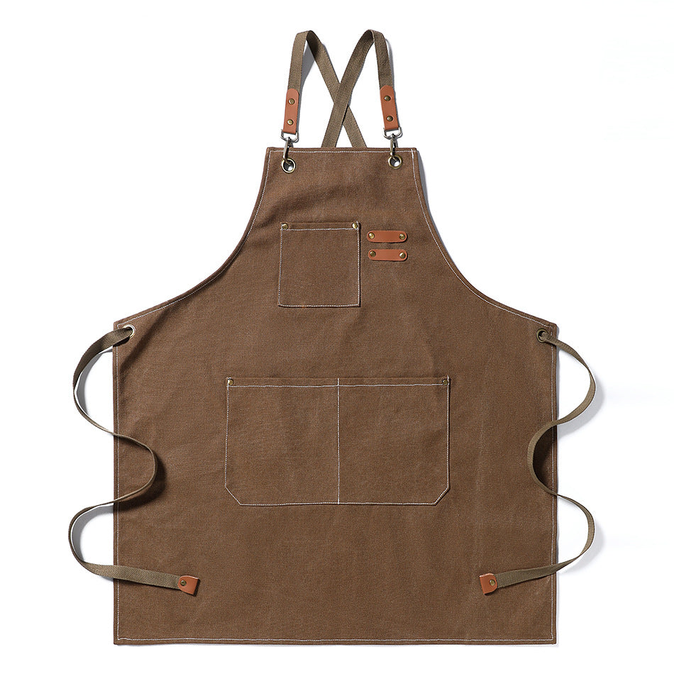 Waxed Canvas Cross-Back Apron with Leather Straps