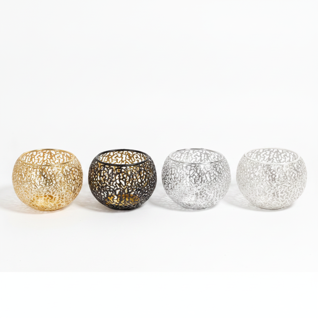 Range of lace orb candle holder finishes gold black and silver on white