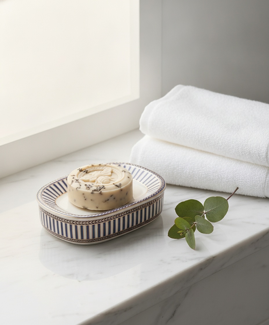 Striped ceramic soap dish holding a soap bar on a marble vanity with eucalyptus
