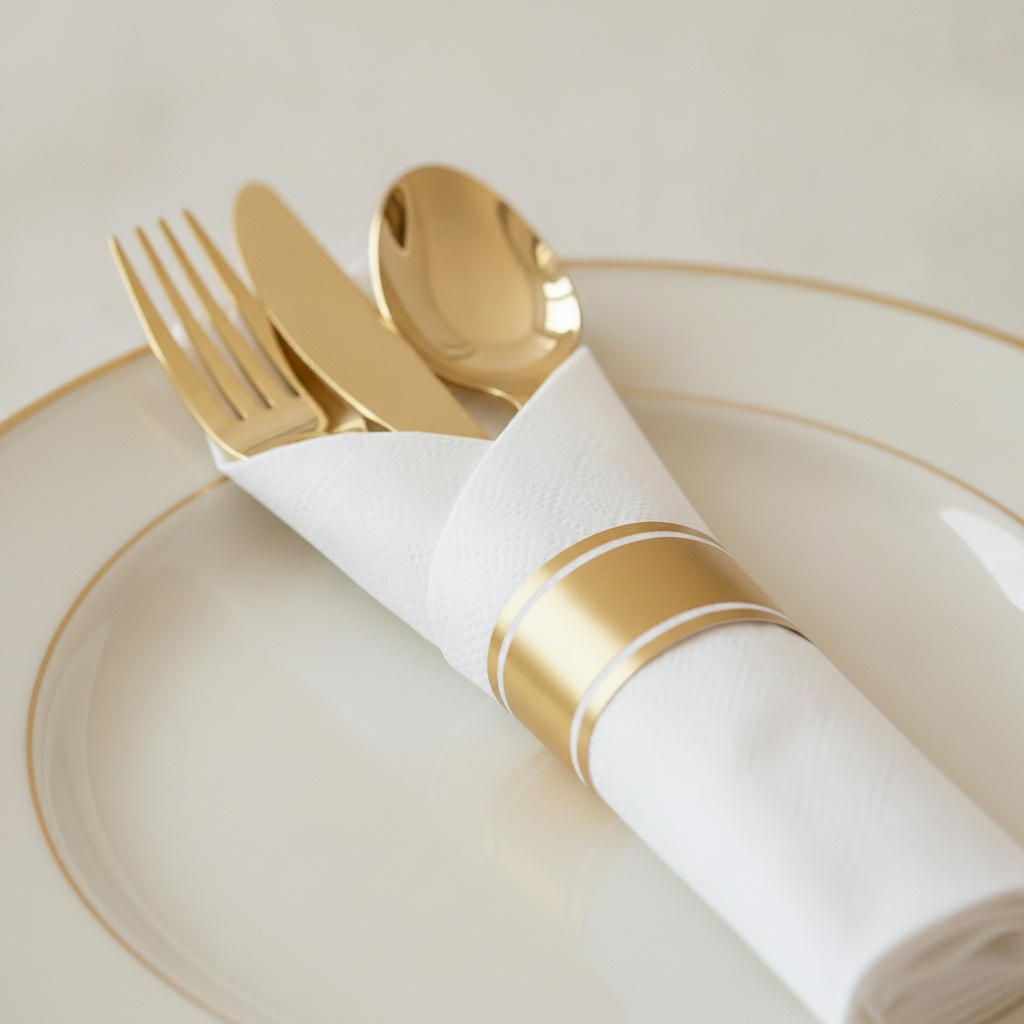 Close-up of gold plastic cutlery handles emerging from a folded white napkin roll