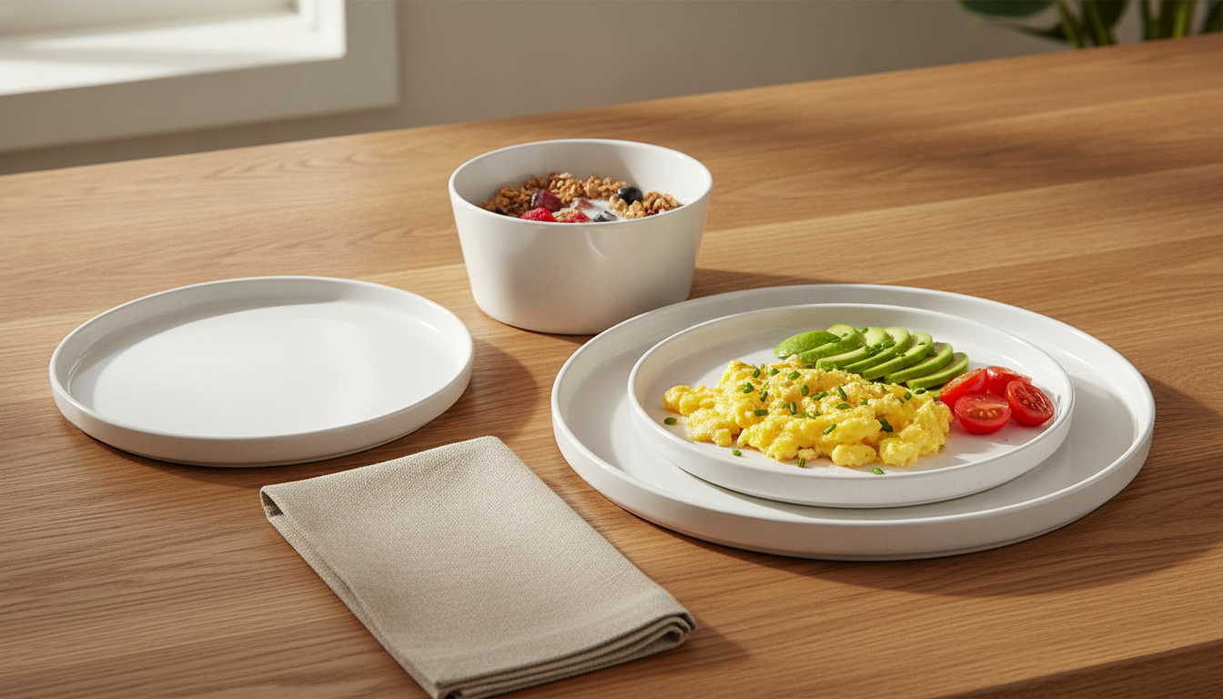 Single place setting from the Perla speckled stoneware set on an oak table with a plated meal