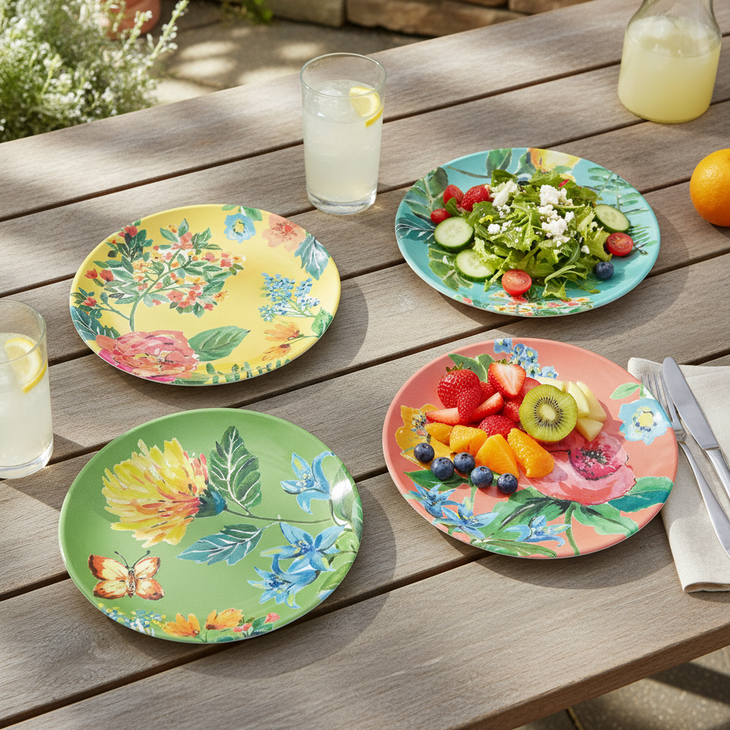 Garden floral melamine plates with salad and fruit on a sunlit patio table