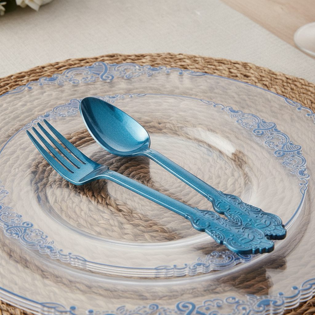 Close-up of blue baroque rim on clear disposable plate with blue fork
