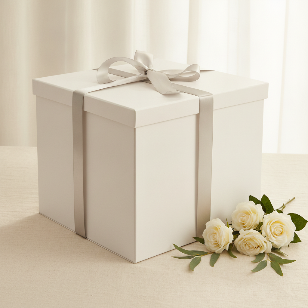 White luxury square gift box with silver ribbon bow styled with white roses