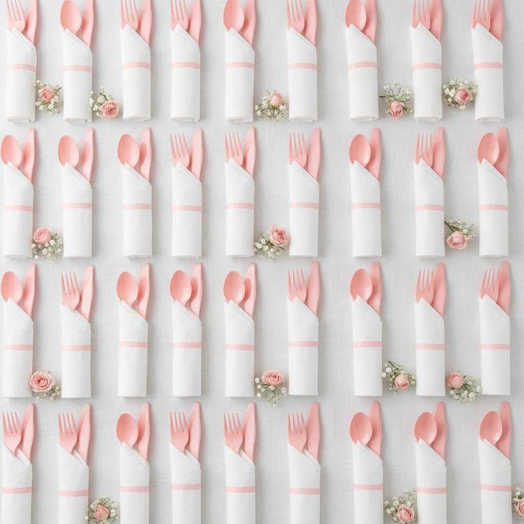 Party display of pre-rolled pink cutlery and white napkin sets in tidy rows flat-lay