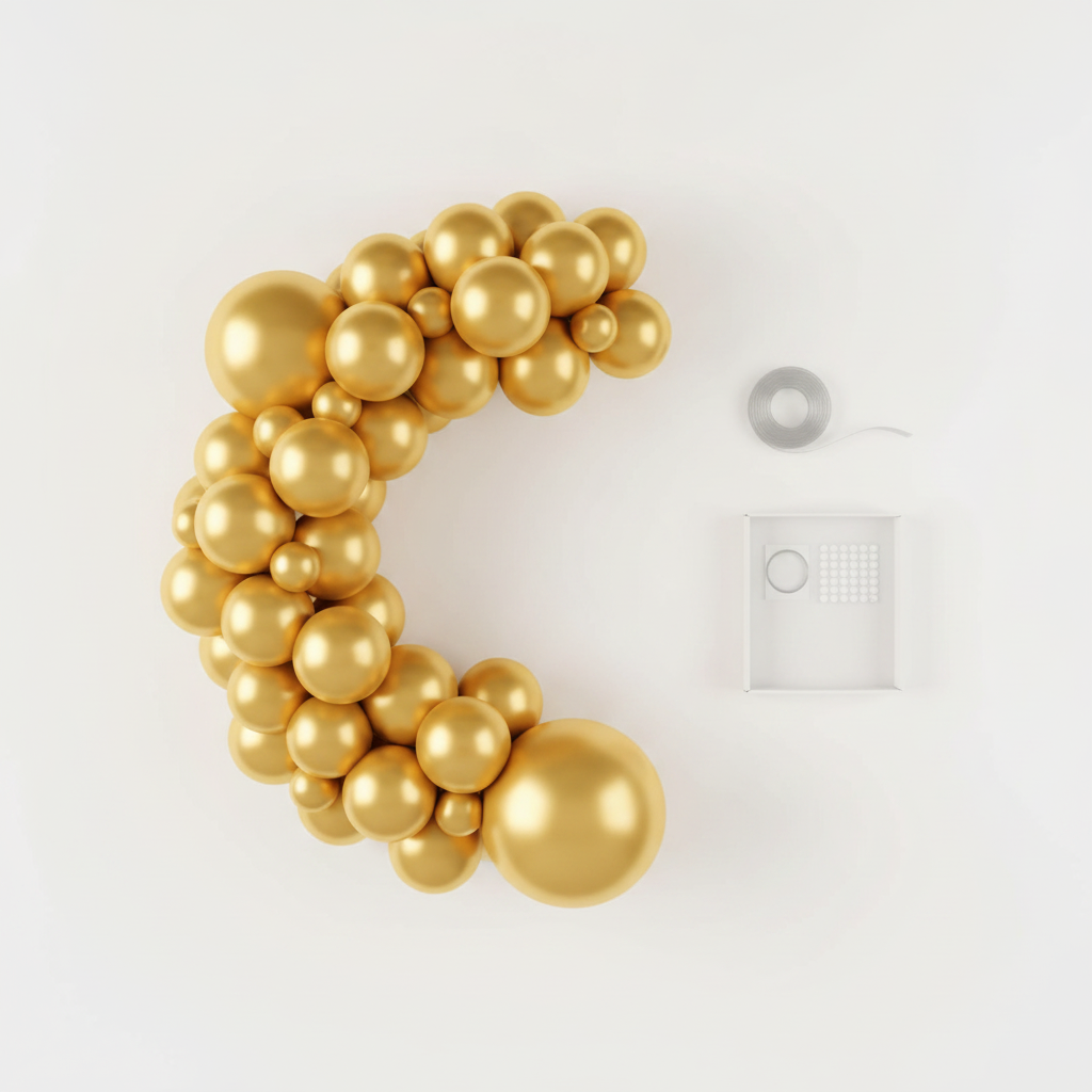 Flat-lay of the metallic gold balloon garland kit contents with balloon tape, ribbon and glue dots
