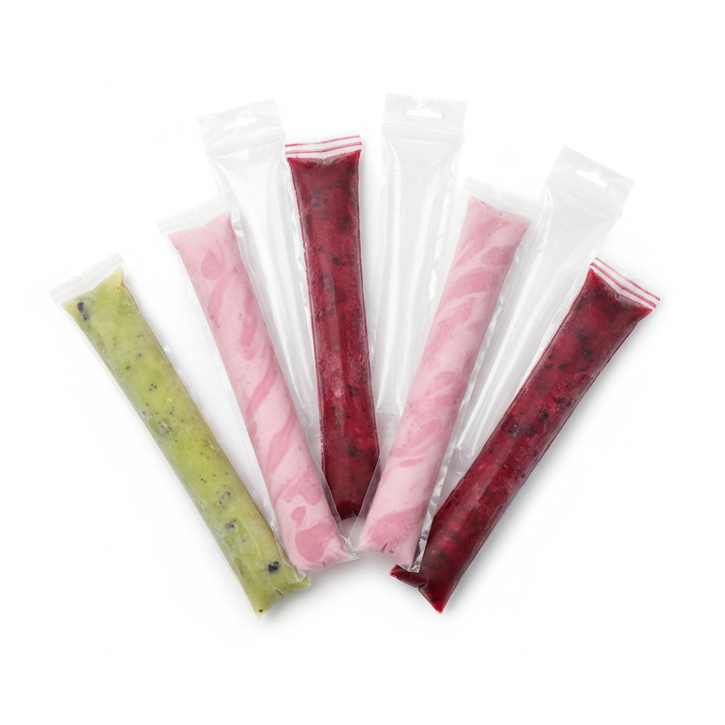 Clear DIY popsicle mold bags with colorful fruit ice-pops and empty bags on white background