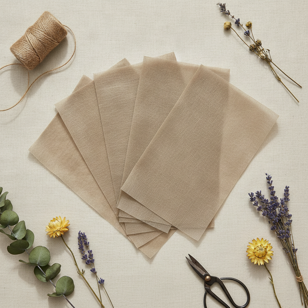 Flat-lay of tan non-woven cotton florist wrapping fabric sheets with twine and dried flowers
