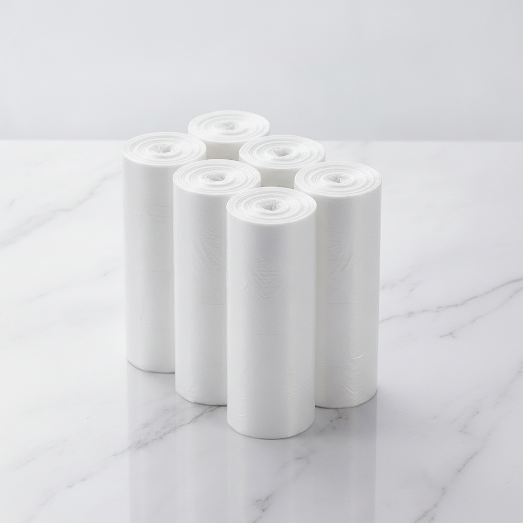 Five rolls of clear 4-gallon trash bags grouped as a value pack — Maison's Kitchen