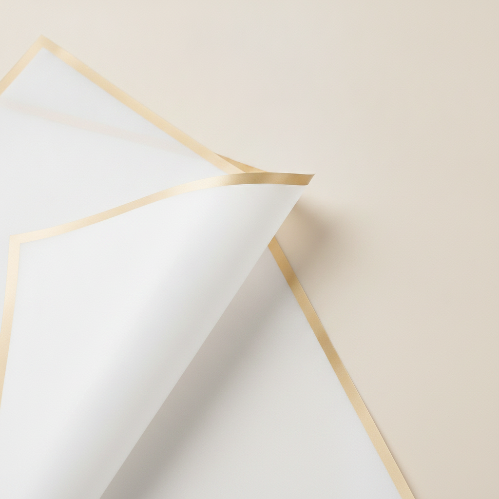 Macro detail of a white gold-edge wrapping sheet corner with gold trim
