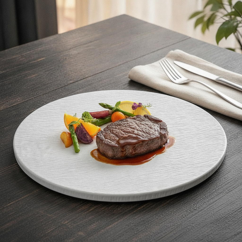 Pietra porcelain plate presenting a restaurant-plated steak dinner