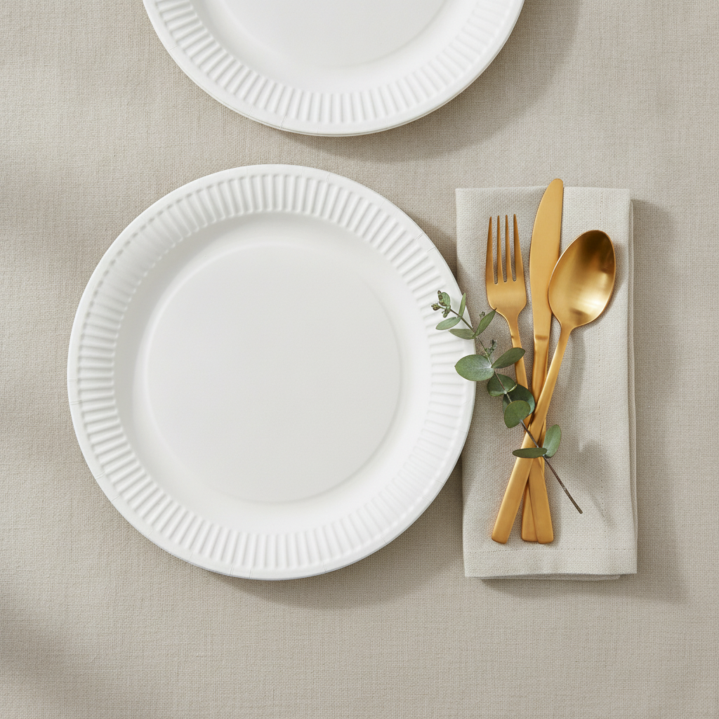 Overhead flat-lay of white paper plates with linen napkin and gold cutlery
