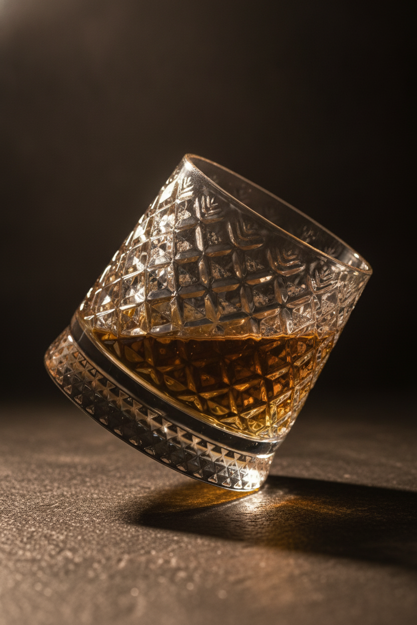 Crystal whiskey tumbler tilted and spinning on its weighted rounded base