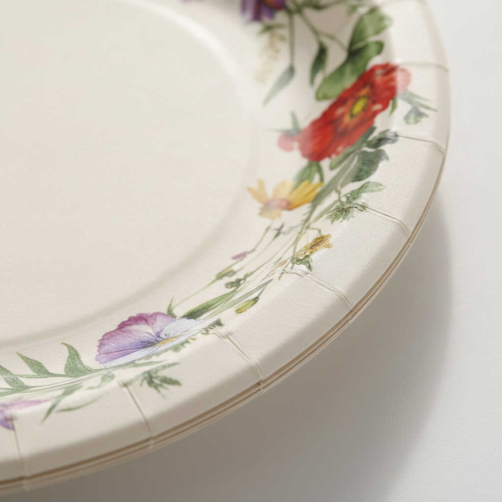 Macro close-up of matte wildflower floral paper plate rim and print