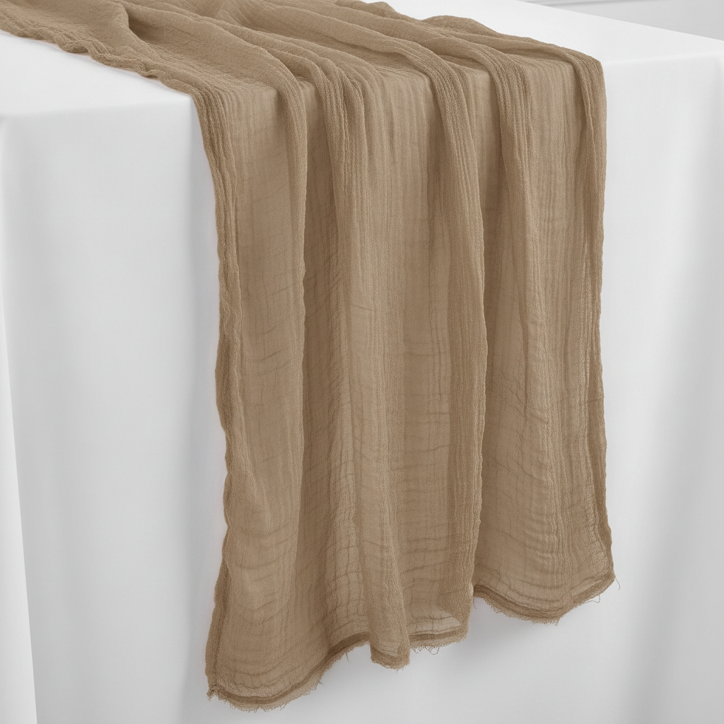 Coffee sheer cheesecloth gauze table runner draped on a soft-white studio surface showing its flowing crinkled length