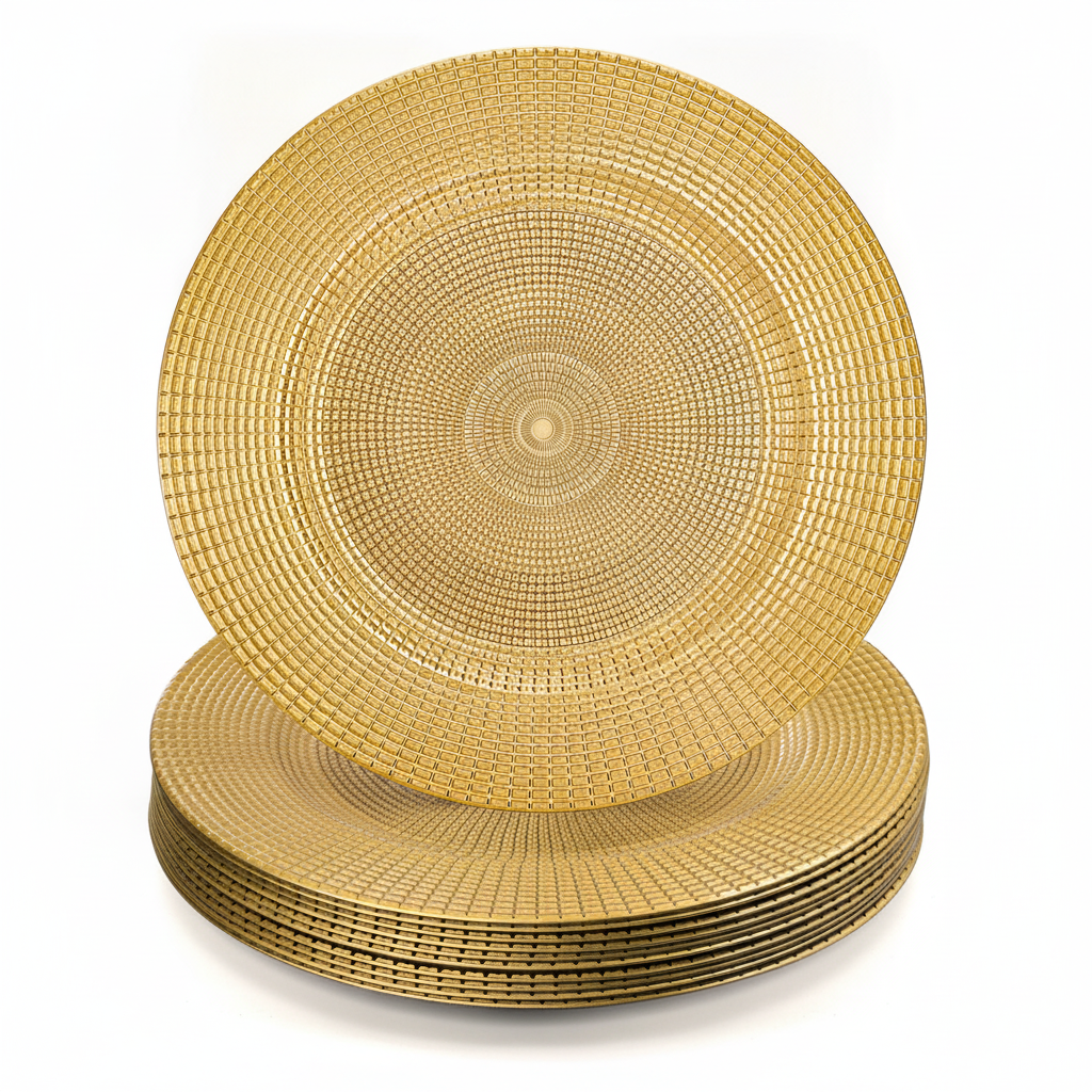 Stack of gold radial chain pattern charger plates on white background