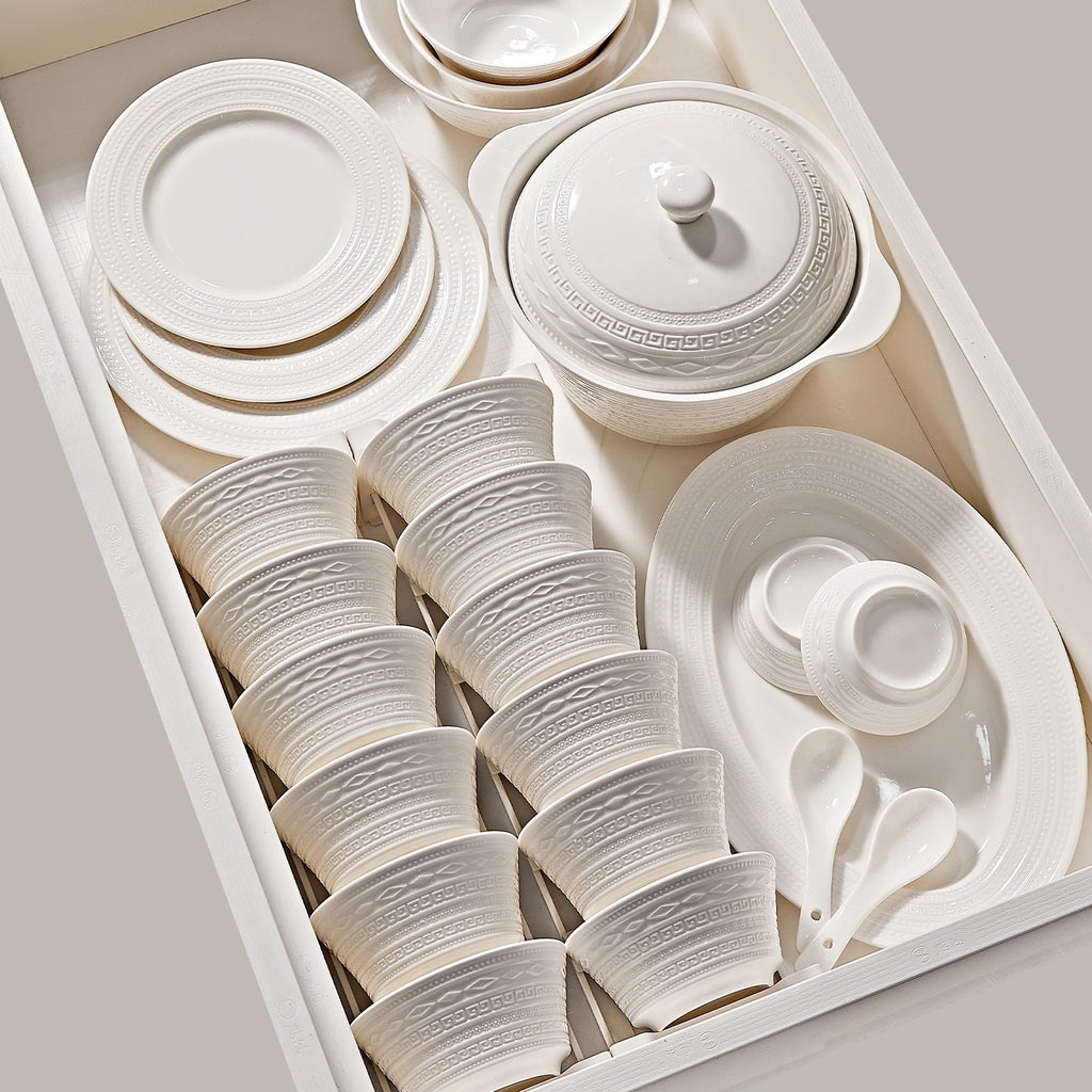 Jingdezhen Embossed White Porcelain Dinnerware Set for 12, 74 pc