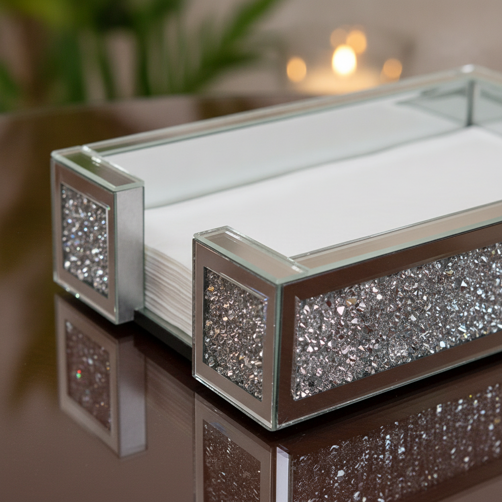 Macro close-up of the sparkling crushed-crystal diamond infill on the mirror tray