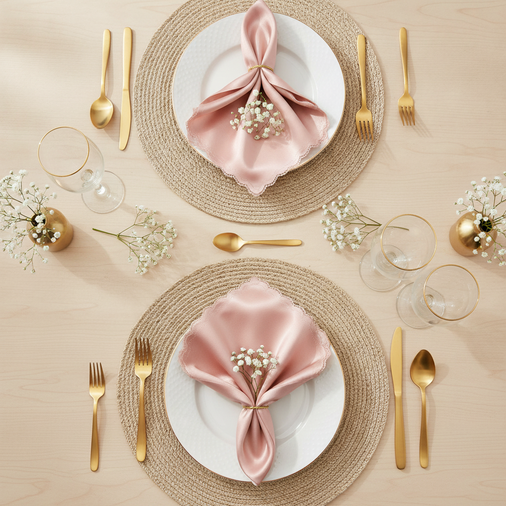 Rose gold satin napkins styled wedding tablescape flat lay with gold cutlery
