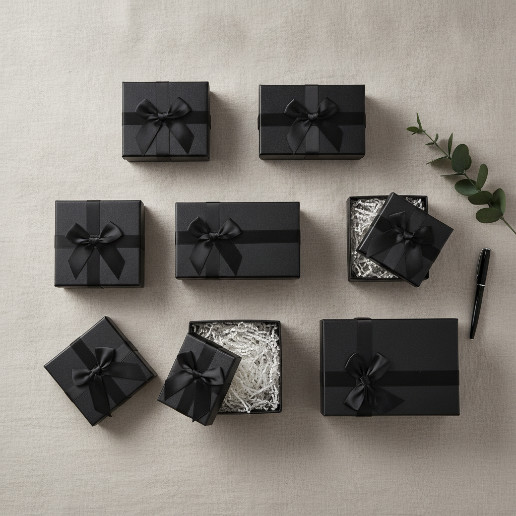 Overhead flat-lay of the full set of black nesting gift boxes in six sizes
