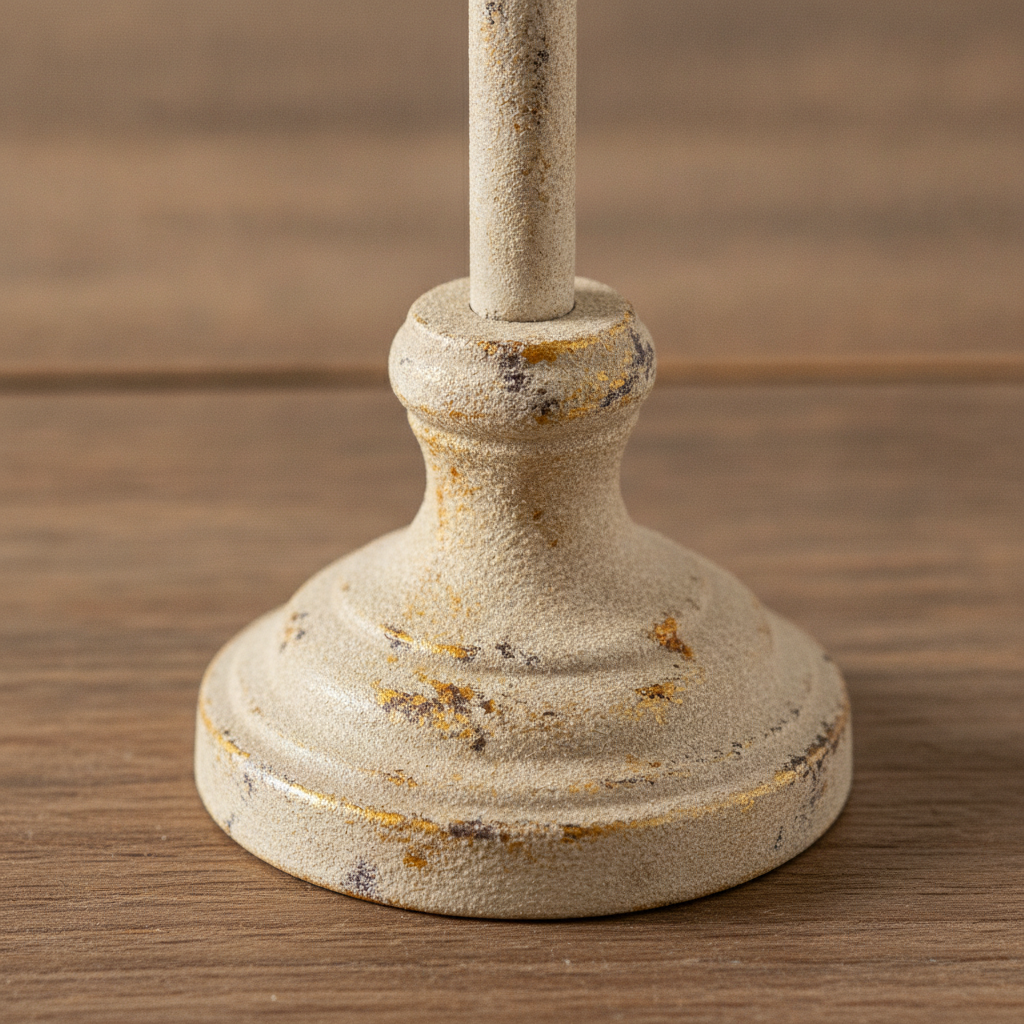 Close-up of the turned iron stem, brass collar and worn hand-distressed disc base