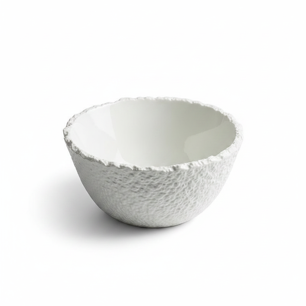 Vetta white stone-textured ceramic deep serving bowl with jagged pointed rim, studio white background