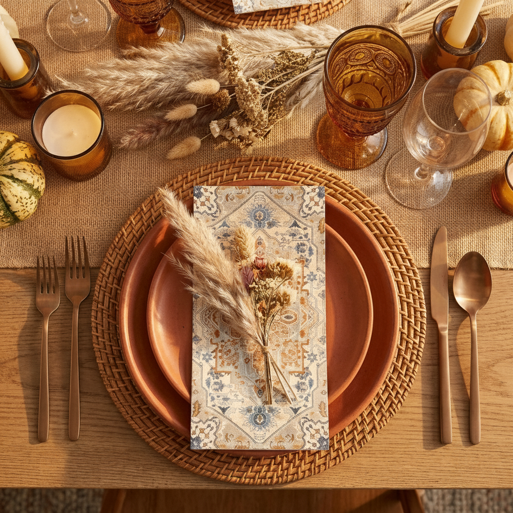 Styled boho autumn tablescape with rectangular orange and cyan paper guest napkins