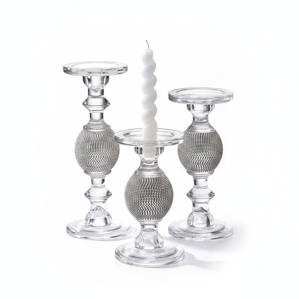 Brillante crystal-glass pillar candle holders in three sizes with rhinestone-encrusted spheres