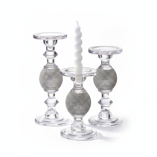 Brillante crystal-glass pillar candle holders in three sizes with rhinestone-encrusted spheres