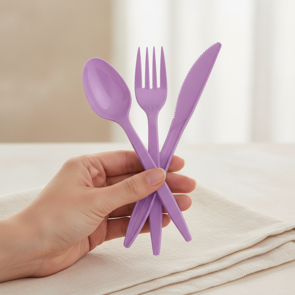 Close-up of purple plastic fork spoon and knife showing glossy disposable plastic