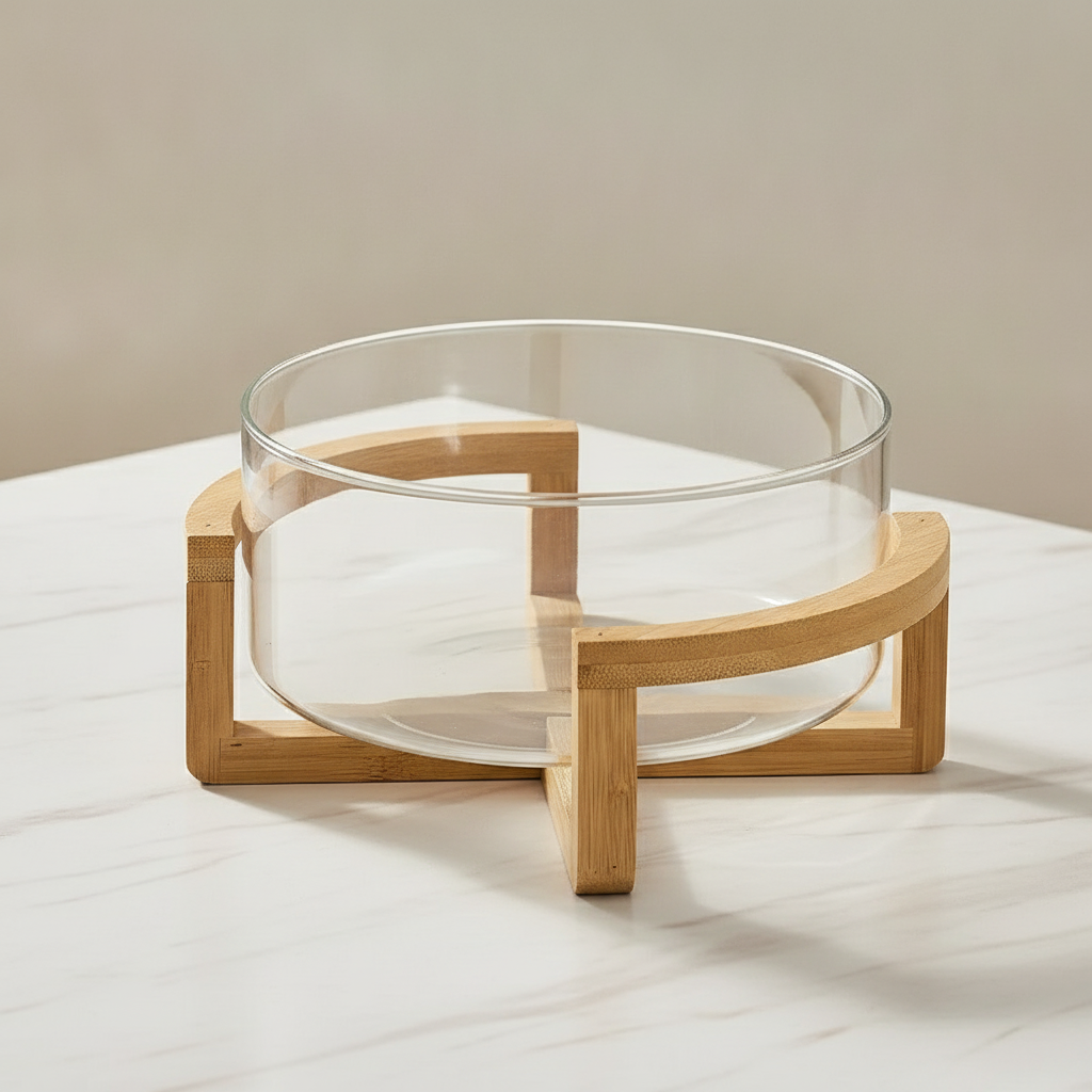 Clear glass cylinder fruit bowl in a crossed acacia-wood cradle stand on white marble
