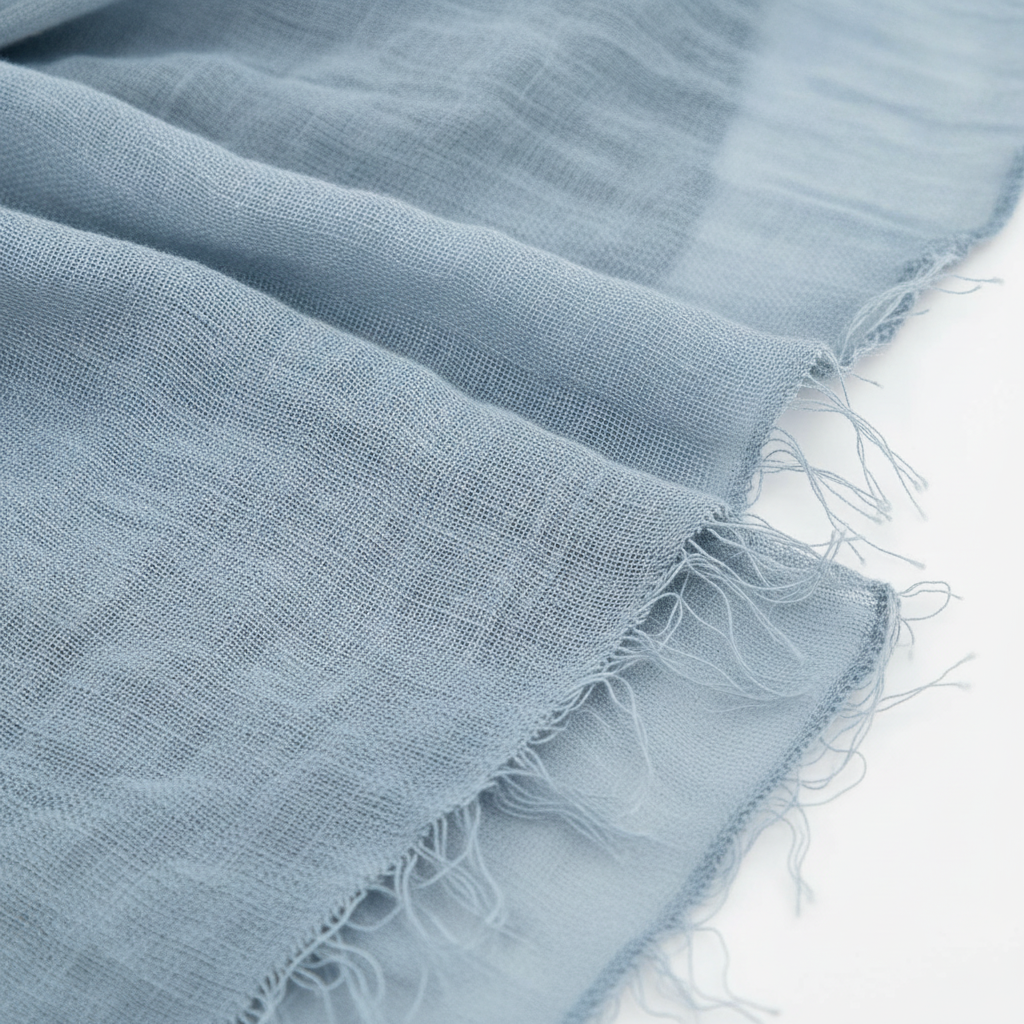 Close-up of crinkled dusty blue gauze cheesecloth napkin texture