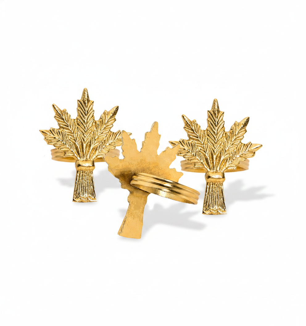 Golden wheat-sheaf napkin rings, set of 12, on white background
