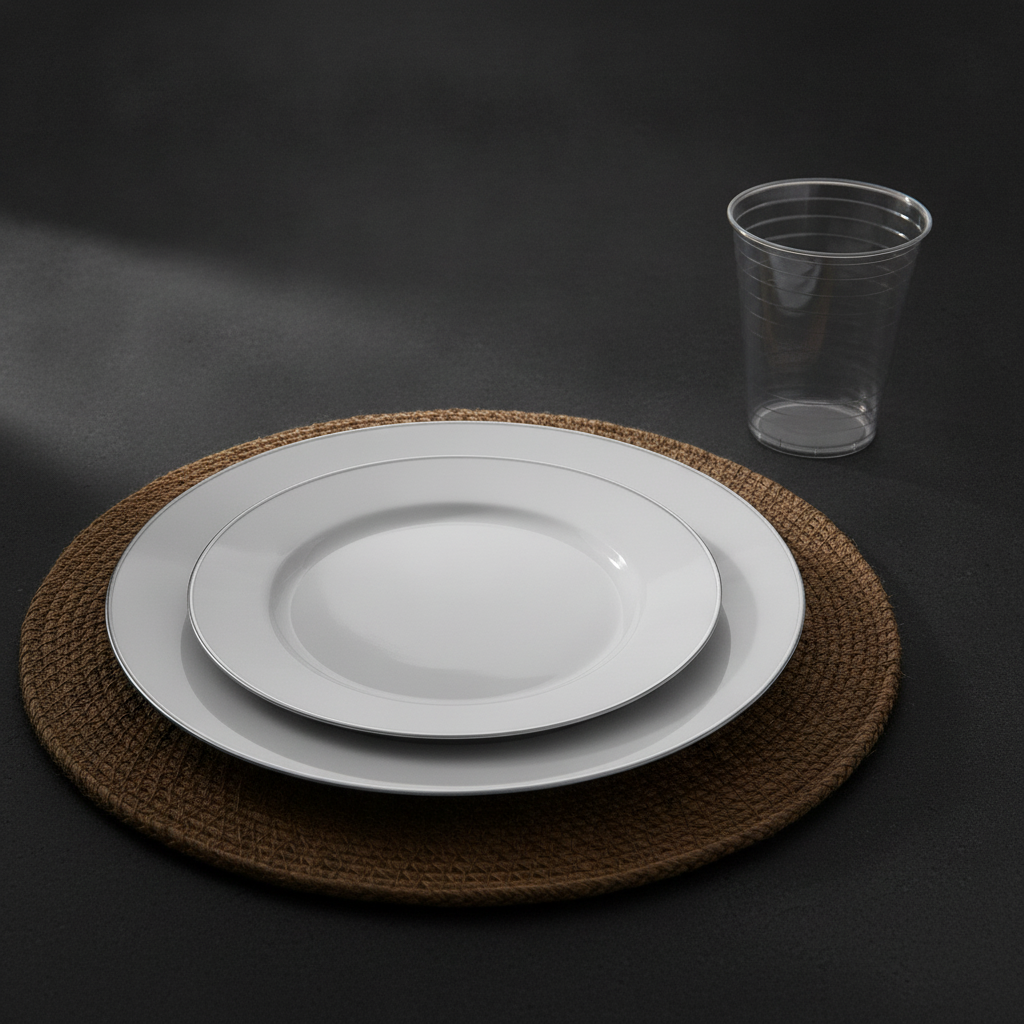 Silver-rimmed white plate place setting with a clear silver-rim tumbler