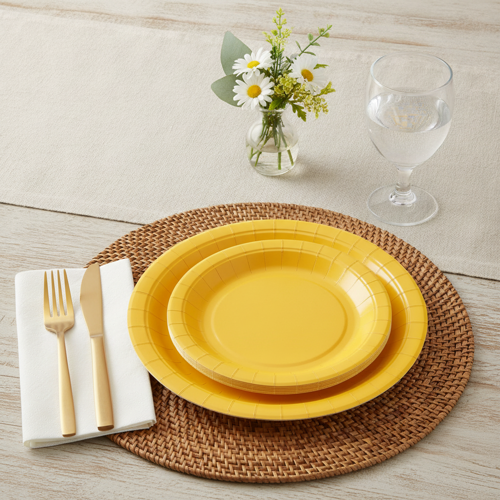 Bright yellow disposable paper party plates styled cheerful spring tablescape with rattan placemat and gold flatware