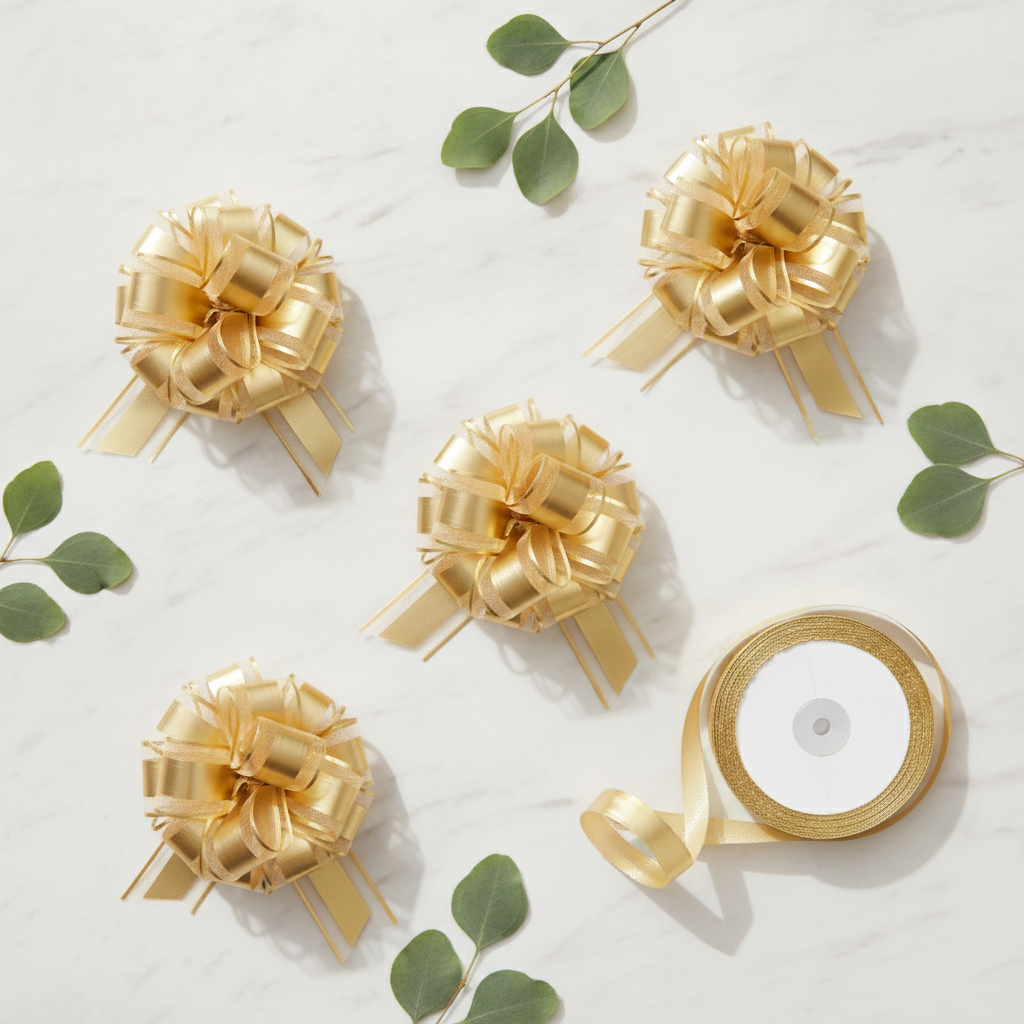 Overhead flat-lay of three gold pull bows with ribbon spool and eucalyptus
