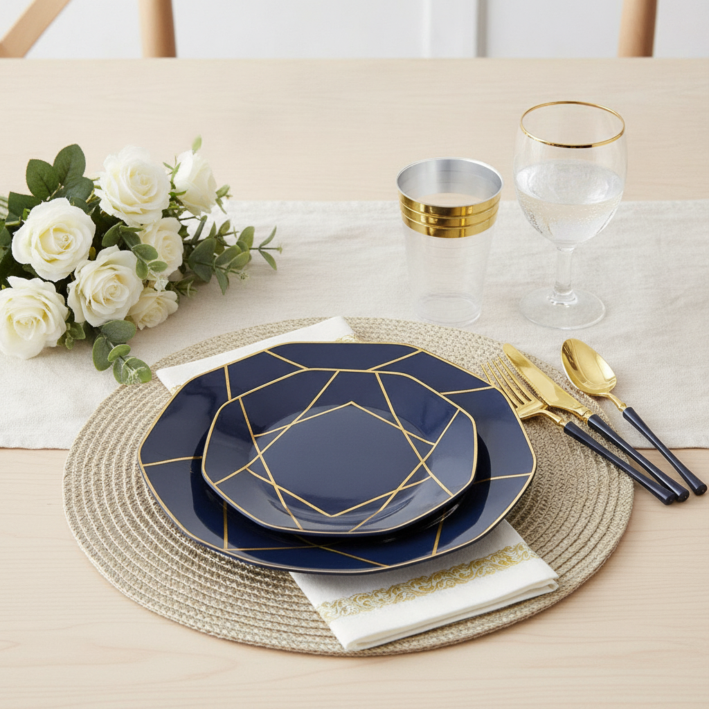 Navy blue octagonal disposable plastic plates with gold geometric trim, gold flatware and cup styled in an elegant place setting