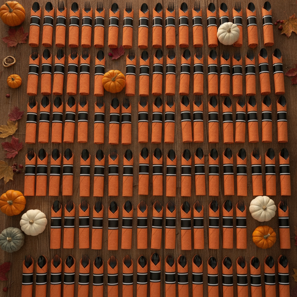 Harvest catering display of pre-rolled black cutlery and orange napkin sets with pumpkins flat-lay