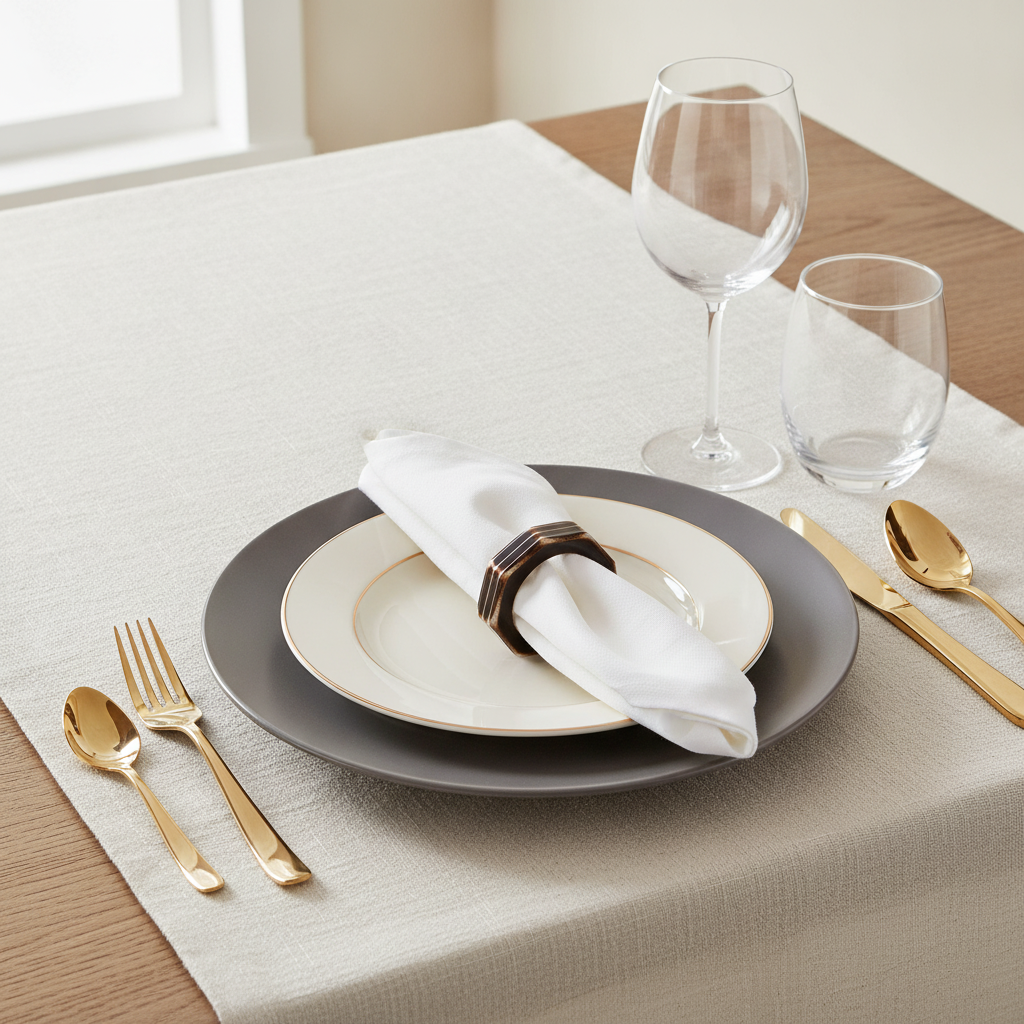 Bronze napkin ring holding a folded napkin in an elegant place setting
