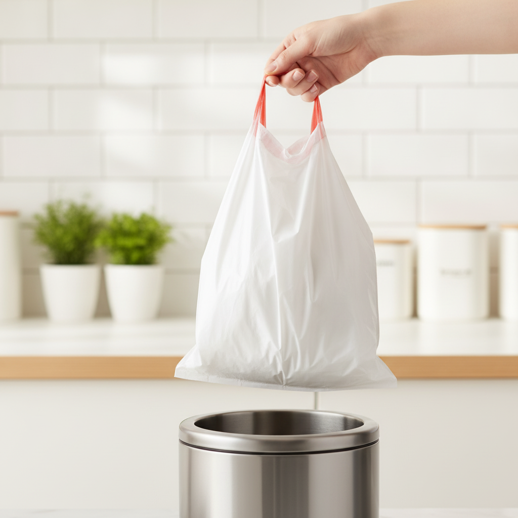 Hand lifting a full tied white drawstring trash bag from a bin — Maison's Kitchen