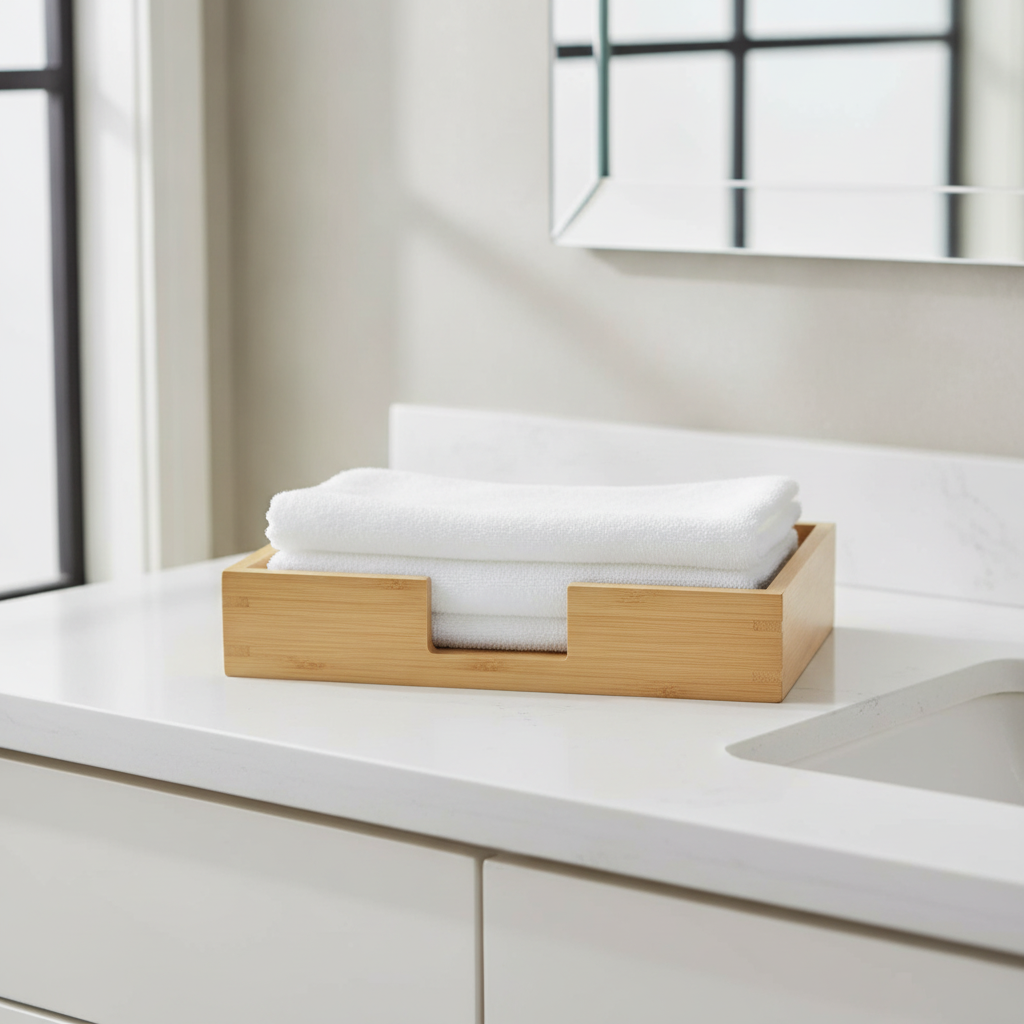 Natural bamboo guest towel tray on a bright bathroom vanity holding folded white hand towels