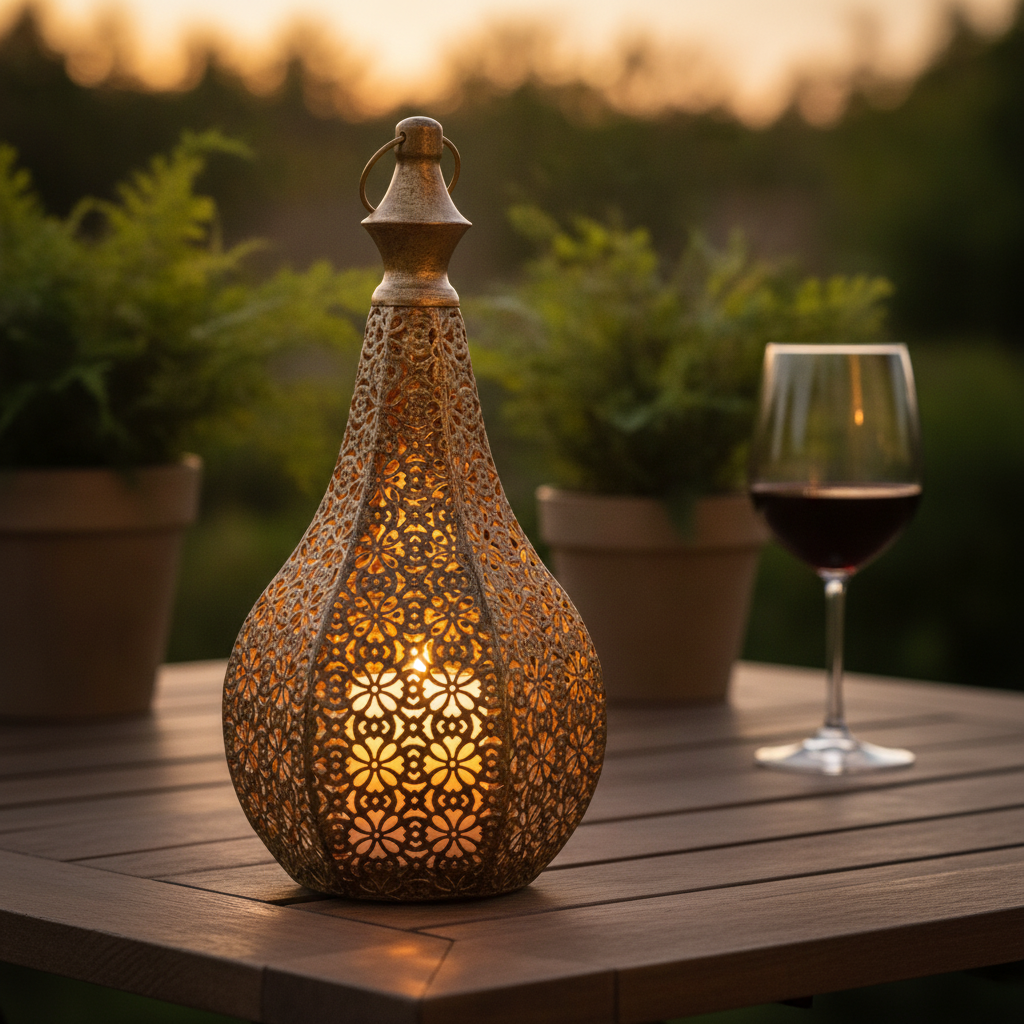 Foratura lantern glowing on a garden patio table at dusk