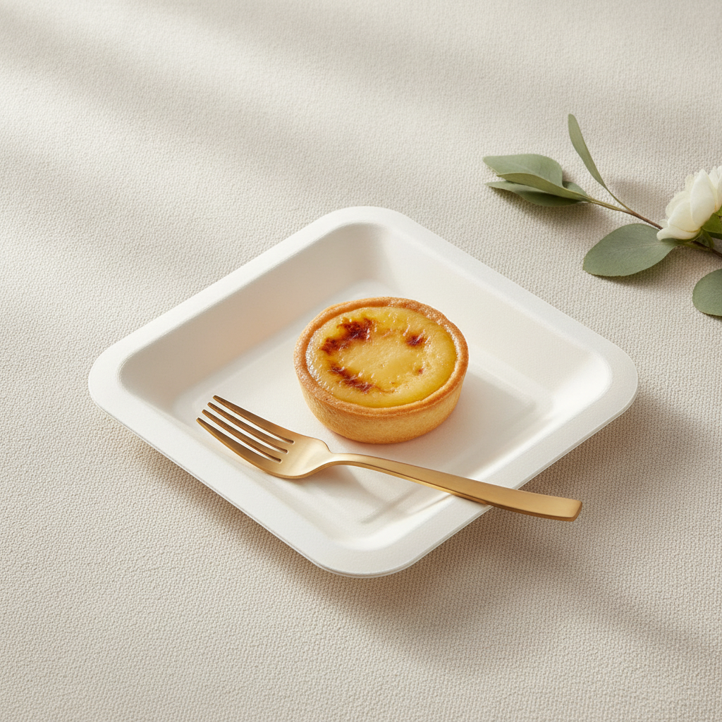 Angled close-up of a square bagasse mini plate with a dessert and gold fork