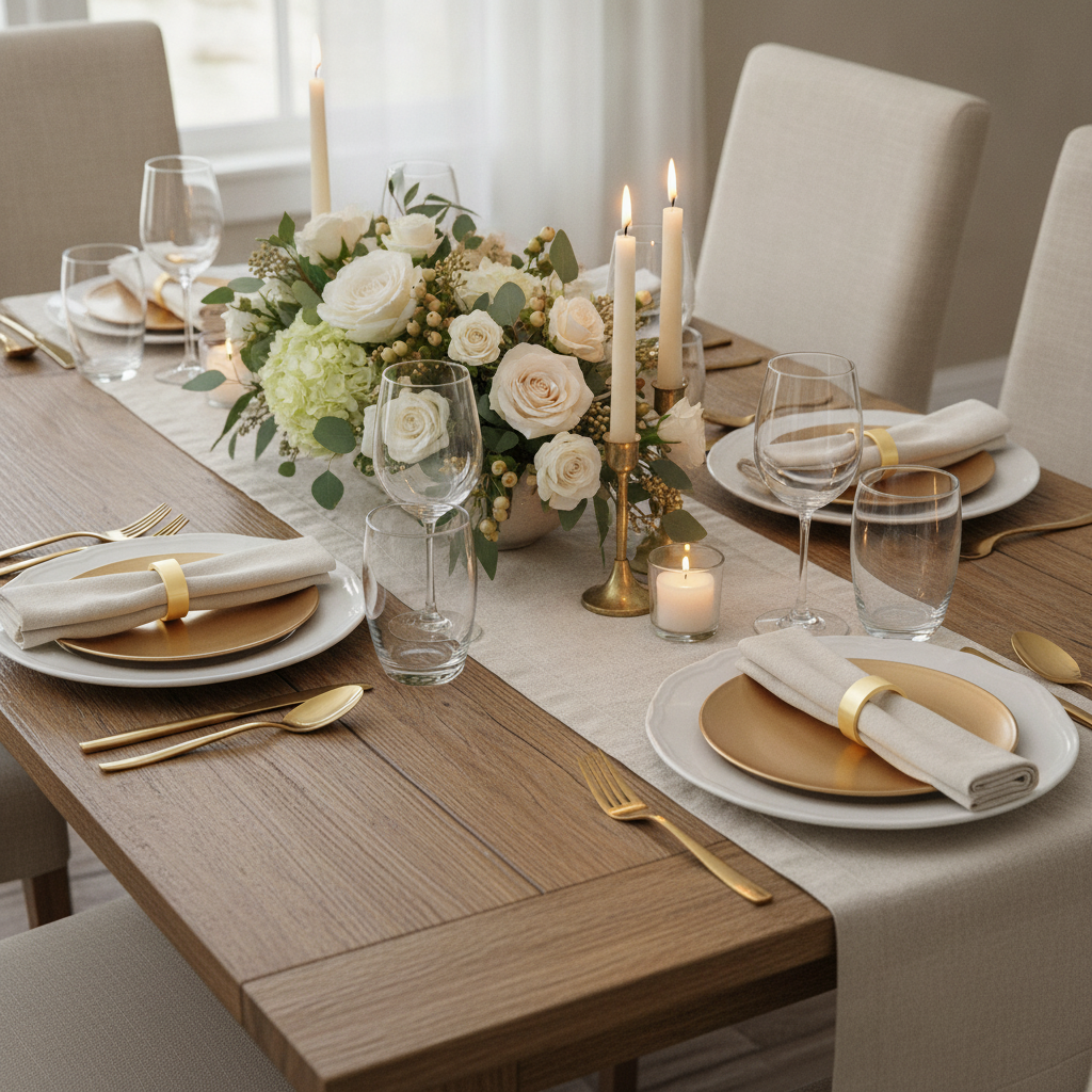 Elegant gold tablescape styled with gold metal napkin rings